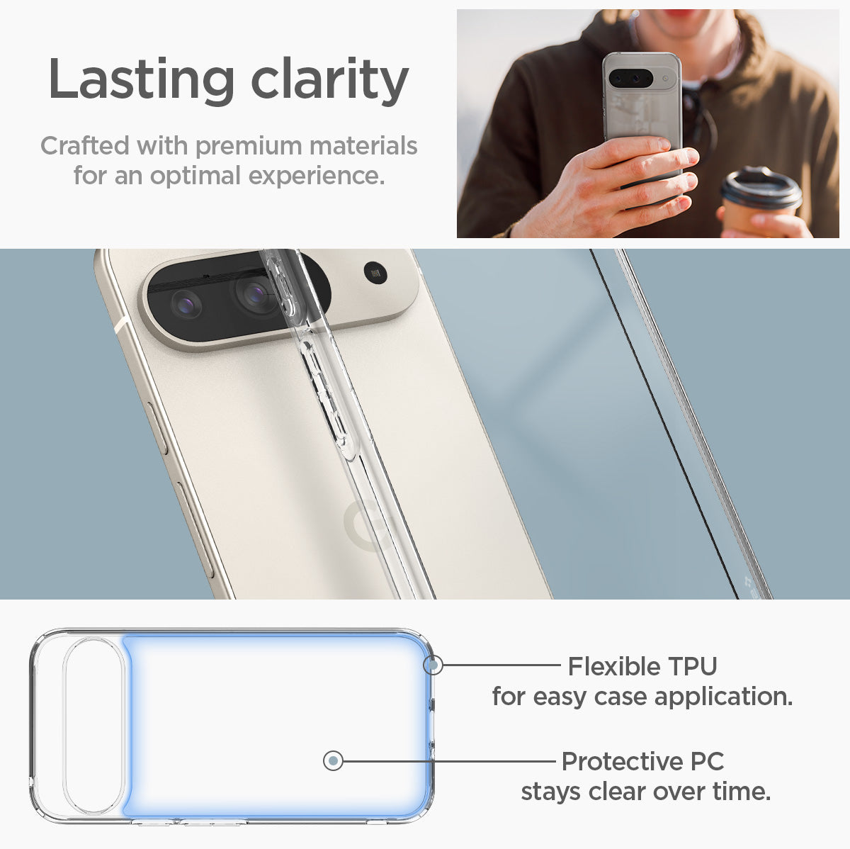 ACS07687 - Pixel 9 Pro Case Ultra Hybrid in Crystal Clear Lasting clarity crafted with premium materials for an optimal experience. Flexible TPU for easy case application. Protective PC stays clear over time.