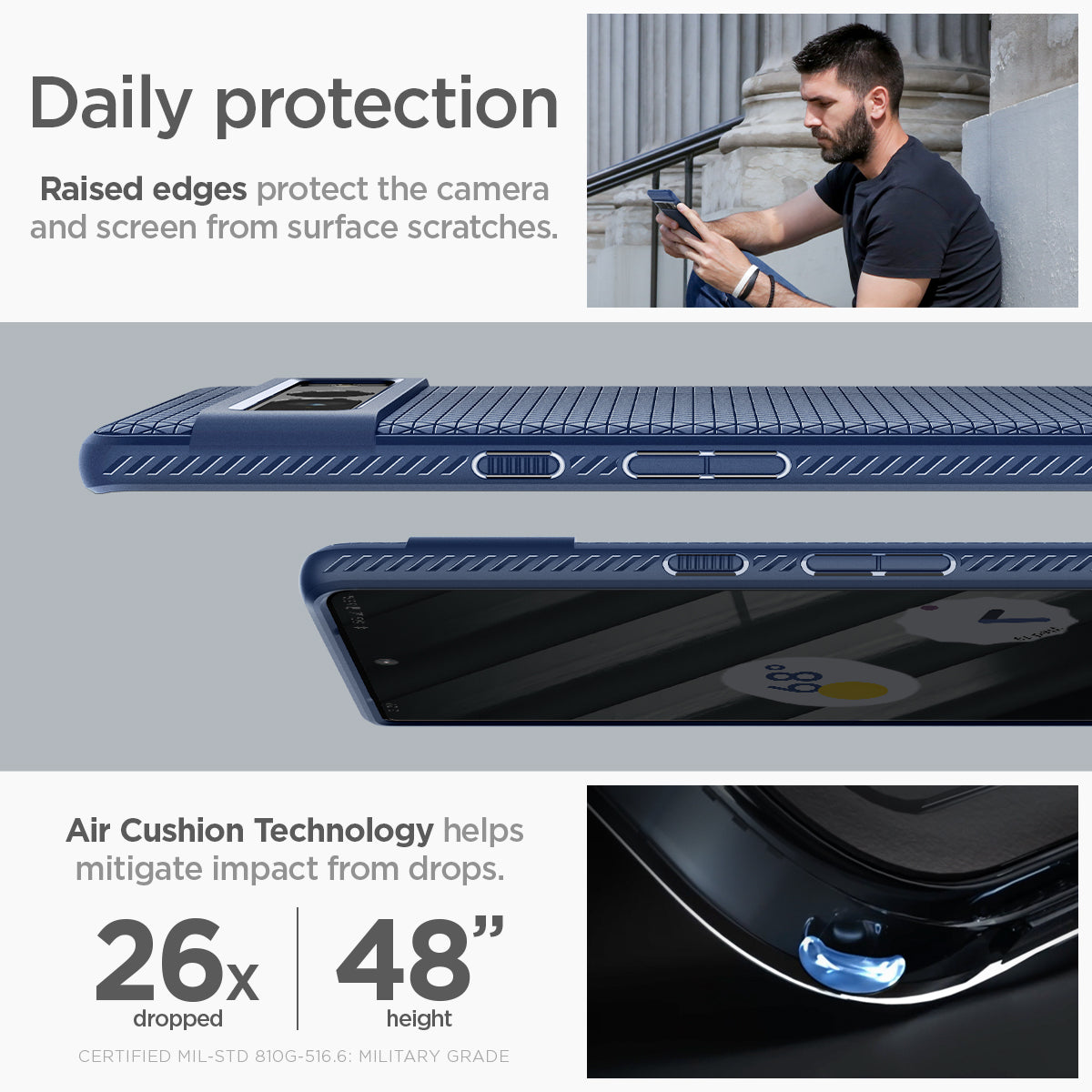 ACS04724 - Pixel 7 Pro Case Liquid Air in navy blue daily protection raised edges protect the camera and screen from surface scratches. Air cushion technology helps mitigate impact from drops.
