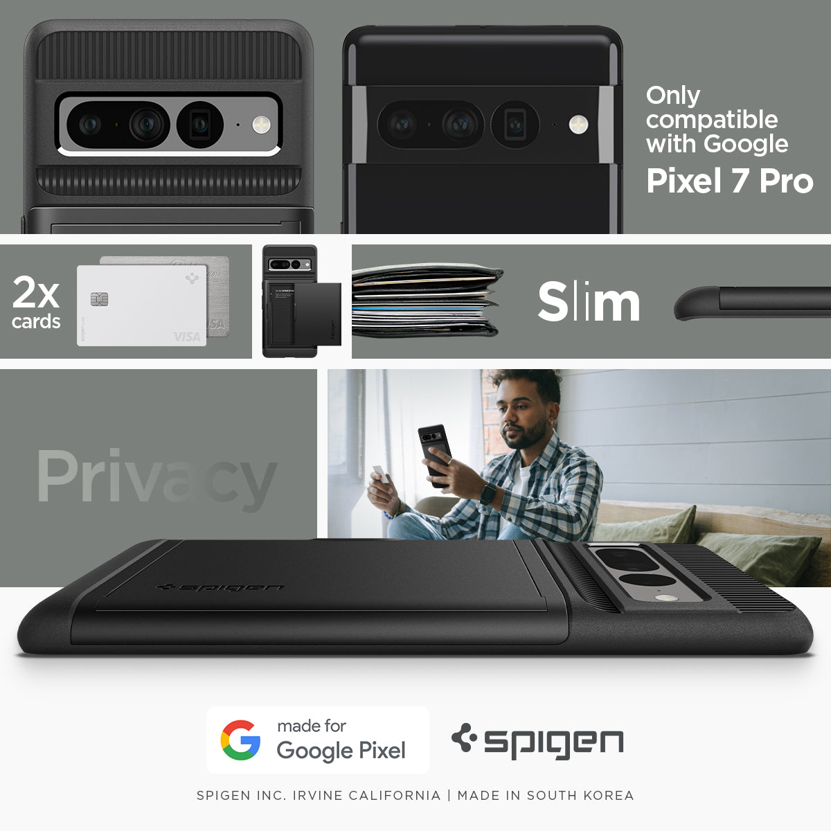 ACS04731 - Pixel 7 Pro Case Slim Armor CS in black only compatible with Google Pixel 7 pro. Slim, Privacy 2x cards.