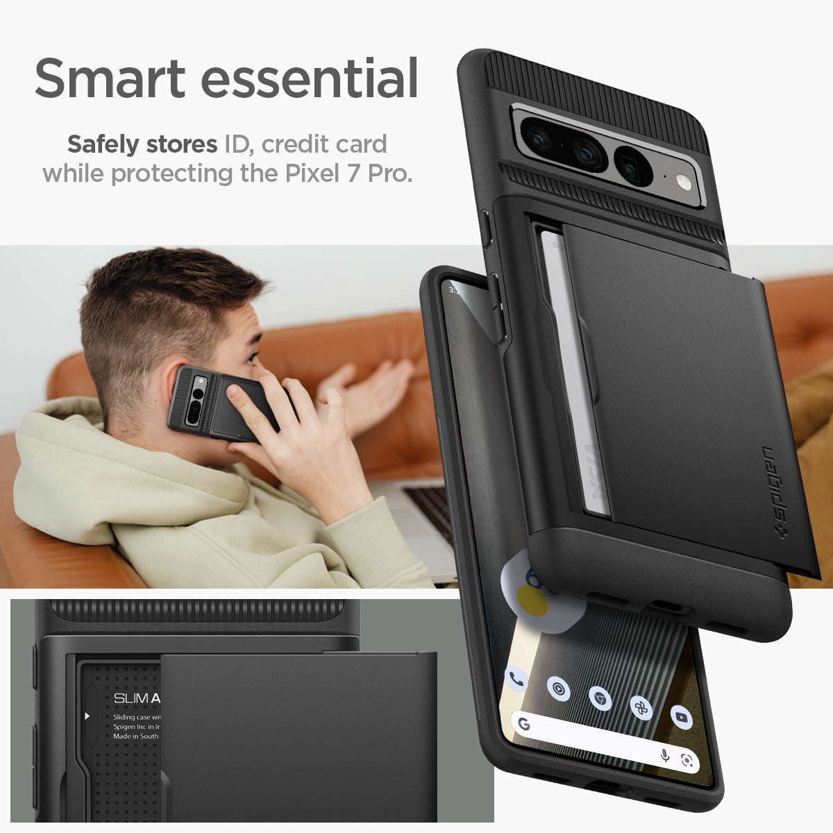 ACS04731 - Pixel 7 Pro Case Slim Armor CS in black Smart essential. Safely stores ID, credit card while protecting the Pixel 7 Pro.