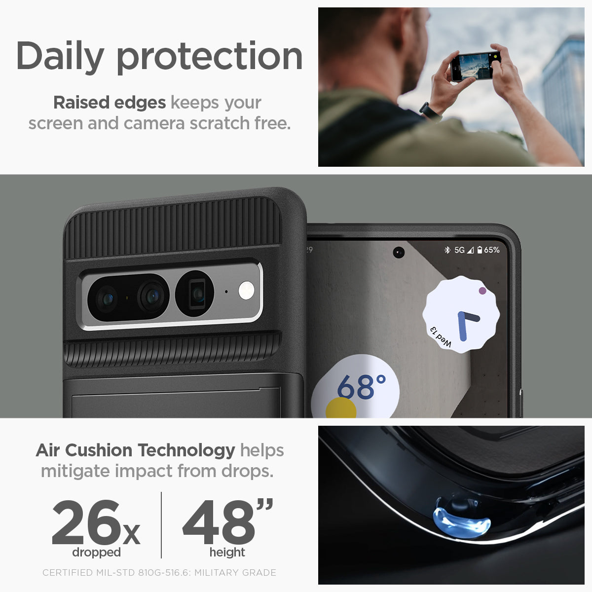 ACS04731 - Pixel 7 Pro Case Slim Armor CS in black daily protection raised edges protect the camera and screen from surface scratches. Air cushion technology helps mitigate impact from drops.