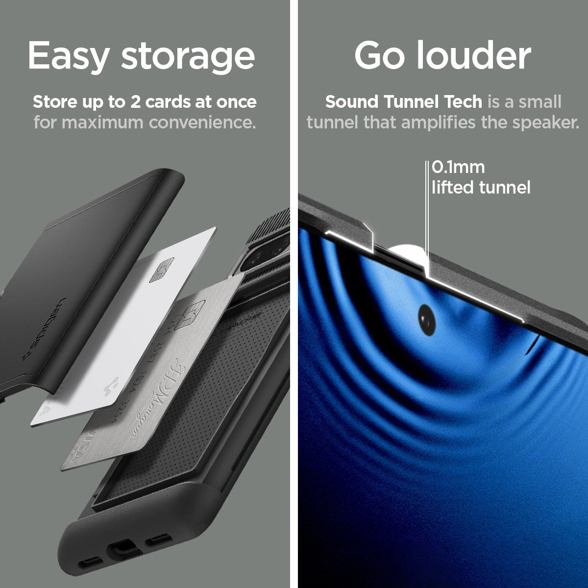 ACS04731 - Pixel 7 Pro Case Slim Armor CS in black Easy storage. store up to 2 cards at once for maximum convenience. Go louder sound tunnel tech is a small tunnel that amplifies the speaker. 0.1mm lifted tunnel.