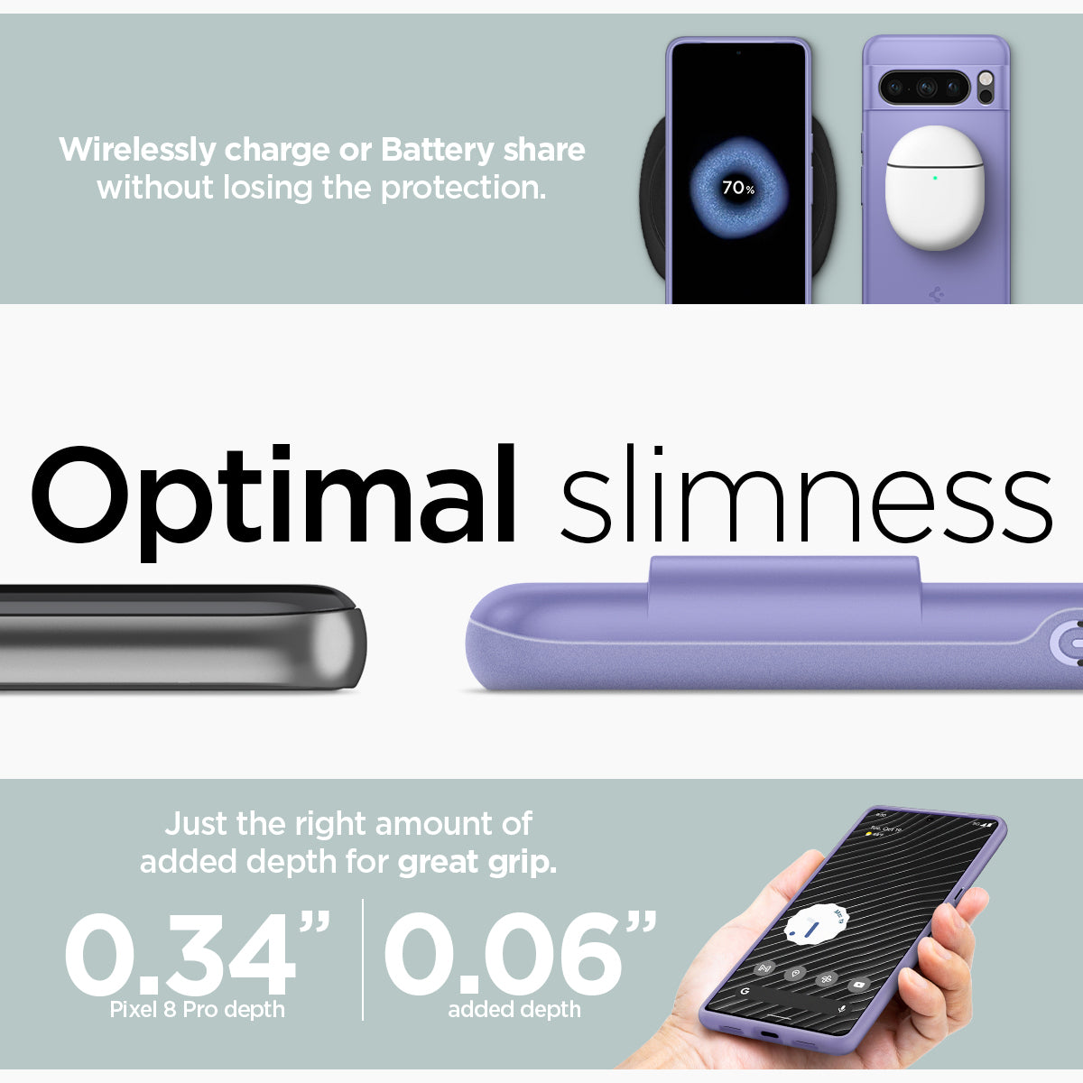 ACS06329 - Pixel 8 Pro Case Thin Fit in awesome violet wirelessly charge or battery share without losing the protection. Optimal slimness. Just the right amount of added depth for great grip.