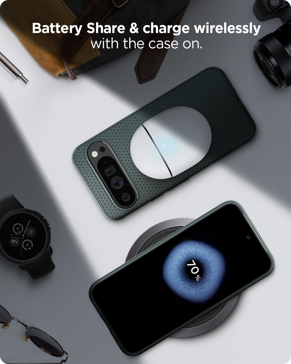 ACS07717 - Pixel 9 Pro XL Case Liquid Air in Abyss Green battery share and charge wirelessly with the case on.