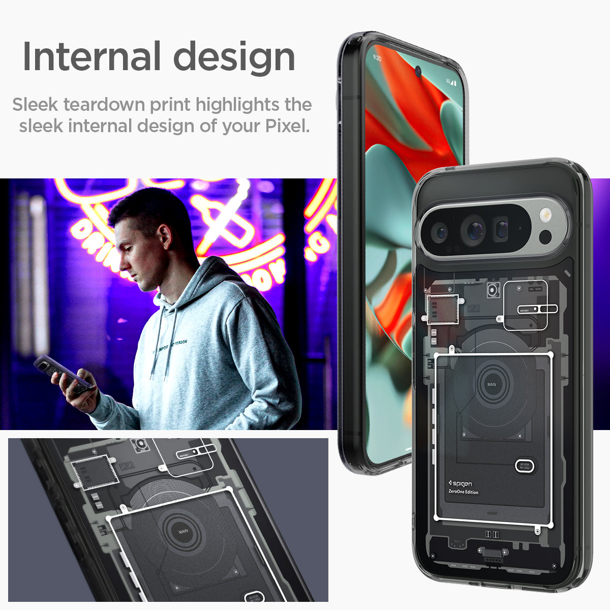 ACS07722 - Pixel 9 Pro XL Case Ultra Hybrid Zero One in Zero One internal design. Sleek teardown print highlights the sleek internal design of your pixel.