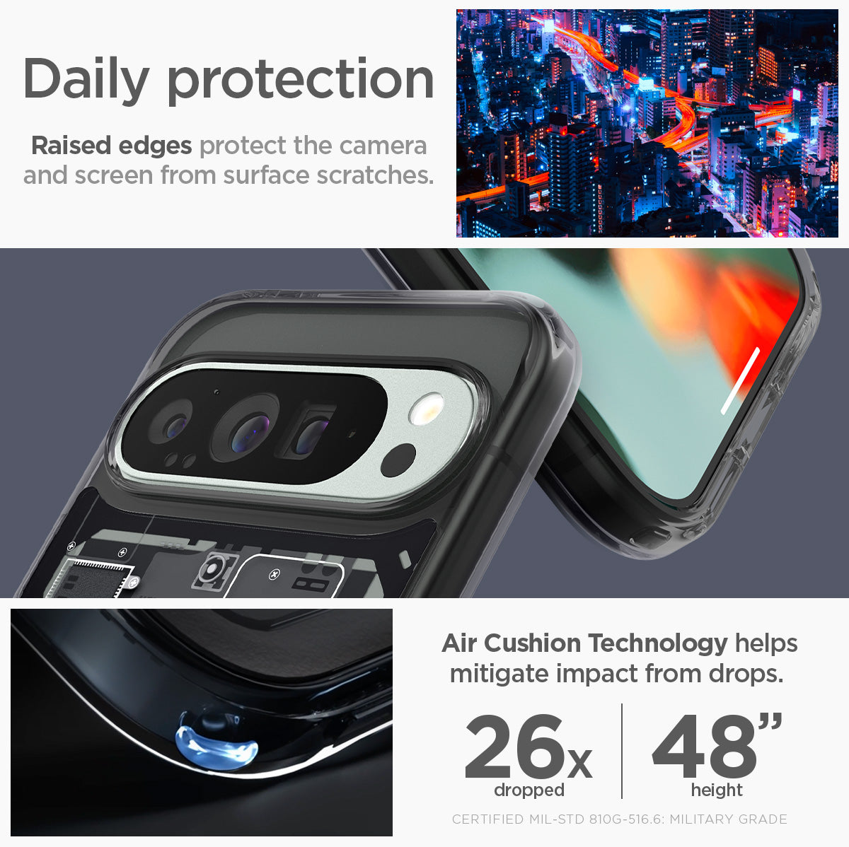 ACS07722 - Pixel 9 Pro XL Case Ultra Hybrid Zero One in Zero One daily protection raised edges protect the camera and screen from surface scratches. Air cushion technology helps mitigate impact from drops.