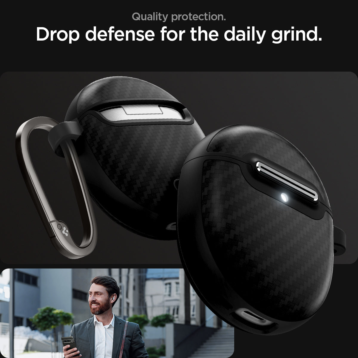 ACS07649 - Pixel Buds Pro 2 Case Enzo Aramid in Matte Black showing the quality protection. Drop defense for the daily grind