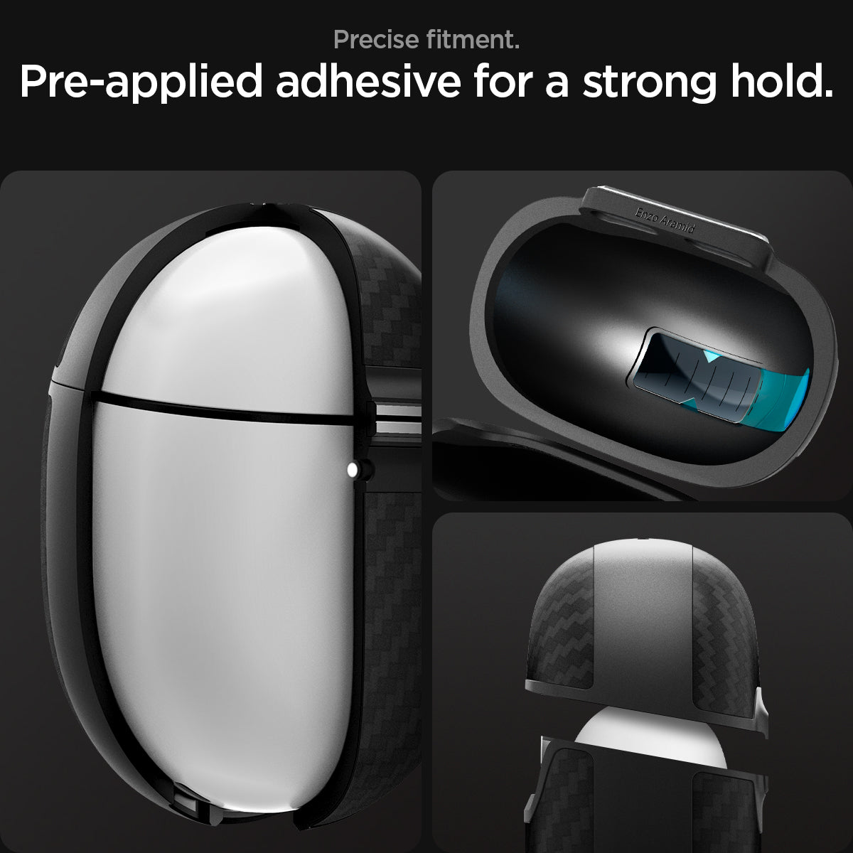 ACS07649 - Pixel Buds Pro 2 Case Enzo Aramid in Matte Black showing the precise fitment. Pre-applied adhesive for a strong hold
