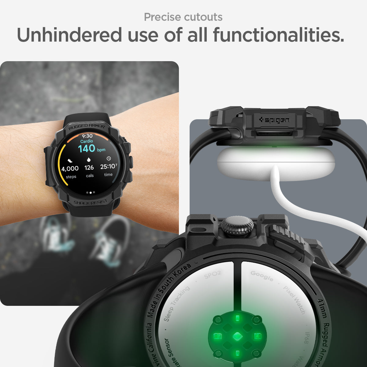 ACS07555 - Pixel Watch 3 (41mm) Rugged Armor in Matte Black precise cutouts. Unhindered use of all functionalities.