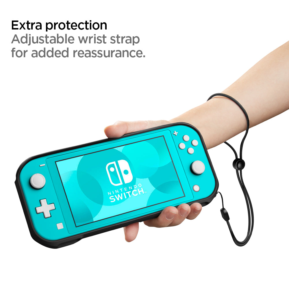 ACS00212 - Nintendo Switch Lite Case Rugged Armor in matte black showing the extra protection. Adjustable wrist strap for added reassurance