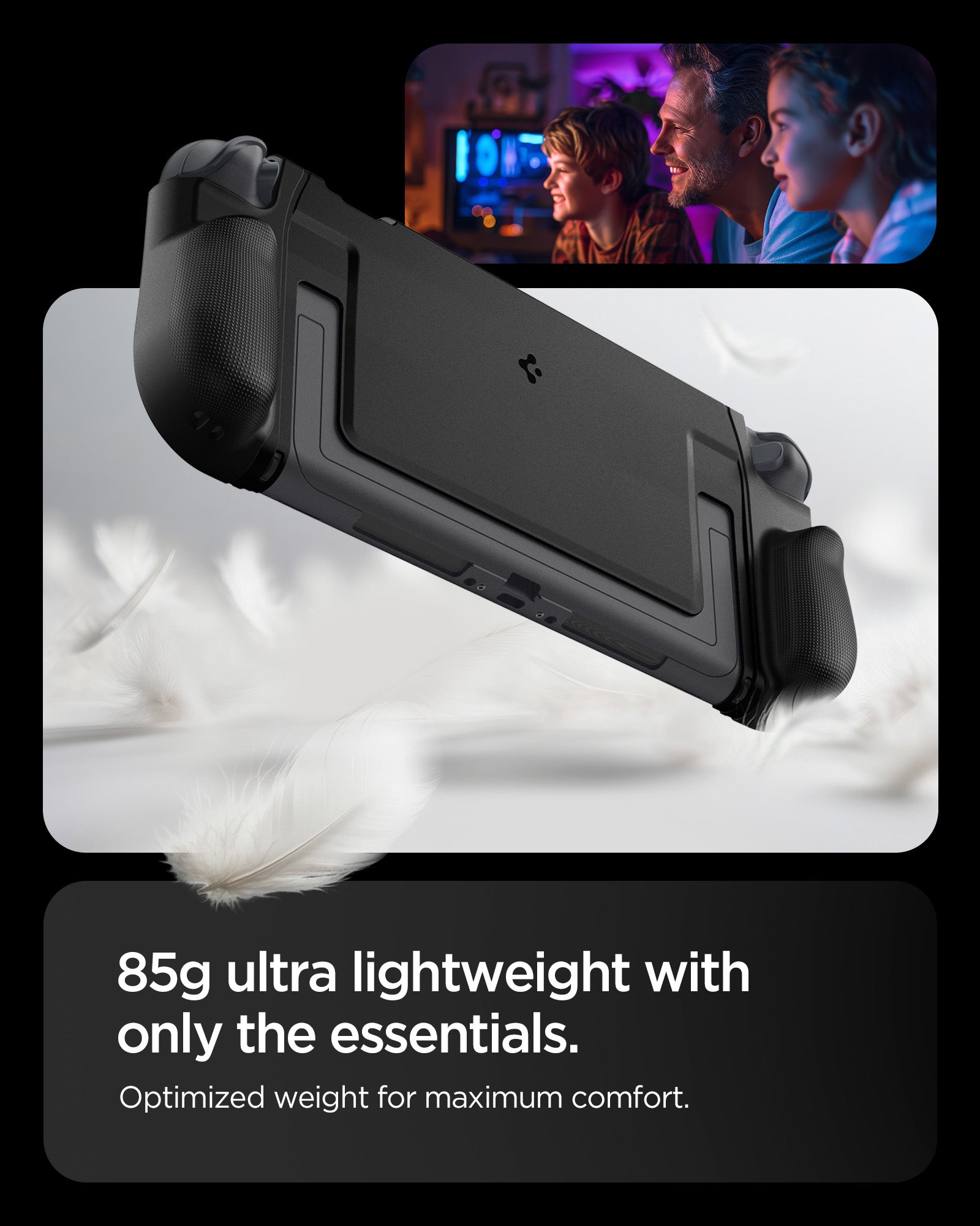 ACS09310 - Nintendo Switch 2 Case Dual Grip in Black showing the 85g ultra lightweight with only the essentials. Optimized weight for maximum comfort