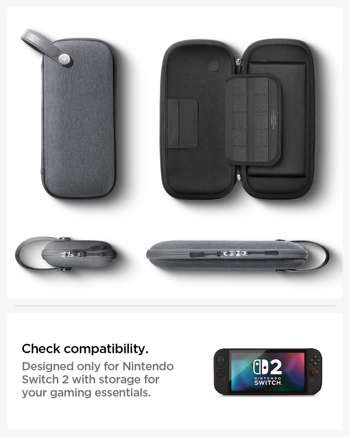 AGP10204 - Nintendo Switch 2 Klasden Pouch Renewed in Charcoal Gray showing the compatibility. Designed only for Nintendo Switch 2 with storage for your gaming essentials