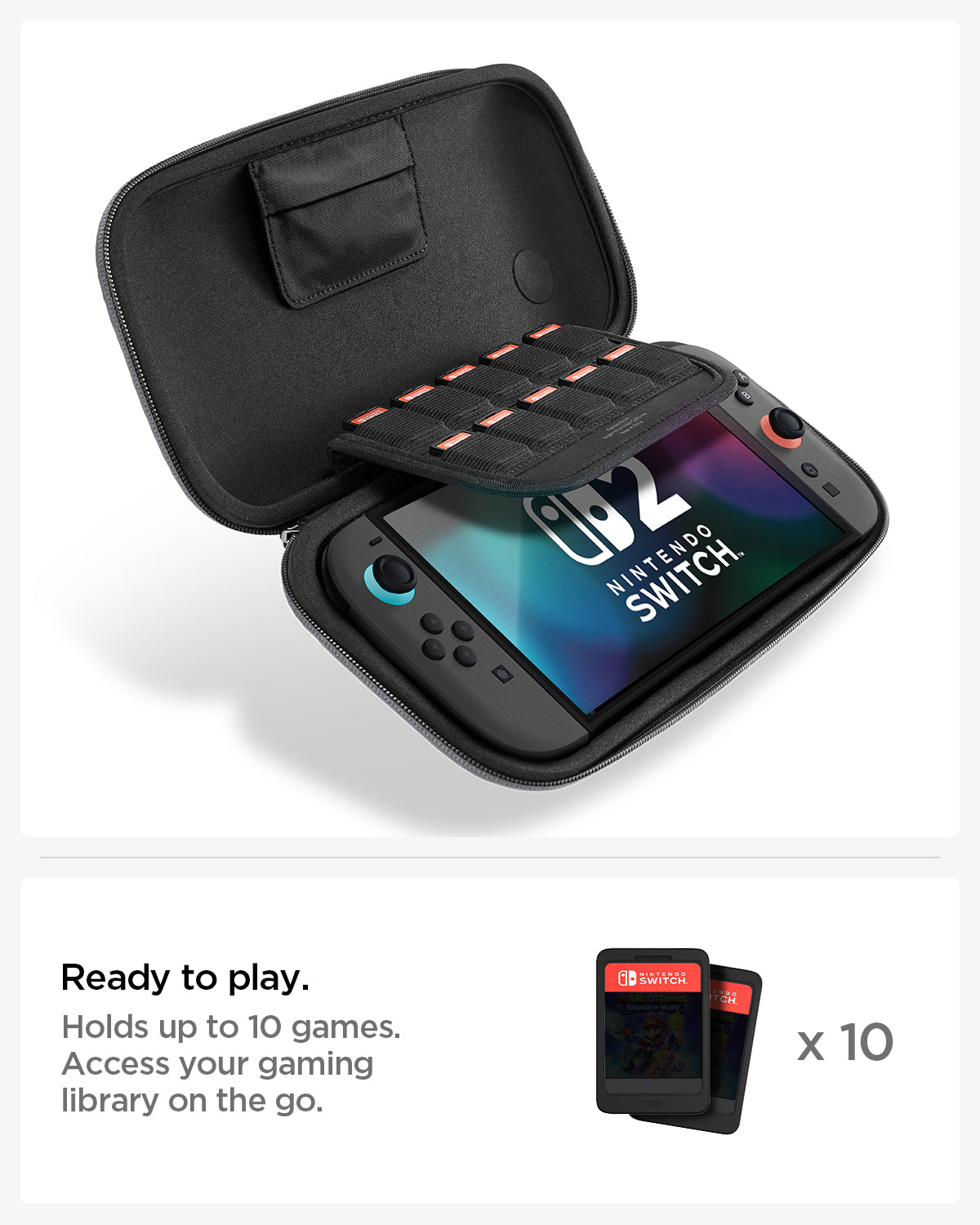 AGP10204 - Nintendo Switch 2 Klasden Pouch Renewed in Charcoal Gray showing the ready to play. Holds up to 10 games. Access your gaming library on the go. x10