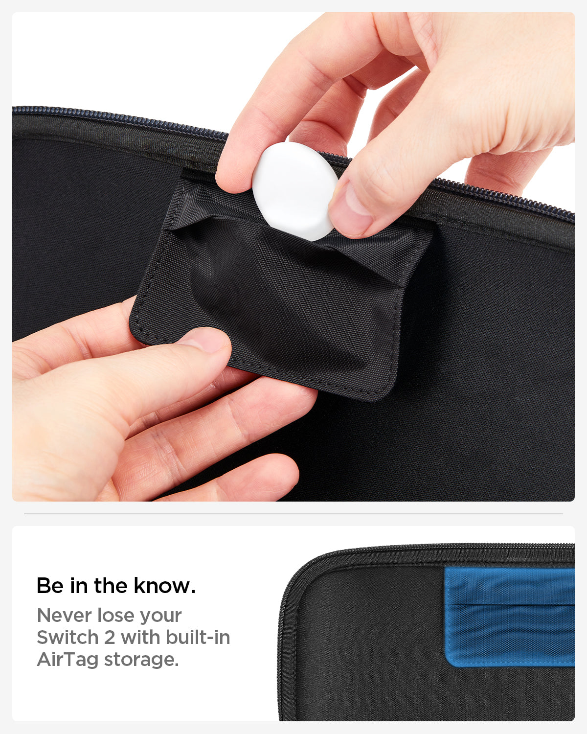 AGP10204 - Nintendo Switch 2 Klasden Pouch Renewed in Charcoal Gray showing switch 2 with built-in AirTag storage.