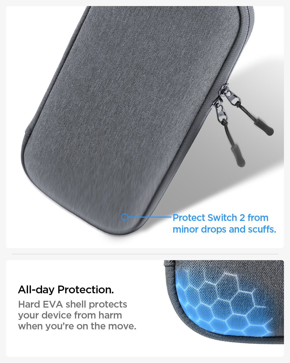 AGP10204 - Nintendo Switch 2 Klasden Pouch Renewed in Charcoal Gray showing the all-day protection. Hard EVA shell protects your device from harm when you're on the move. Protect Switch 2 from minor drops and scuffs