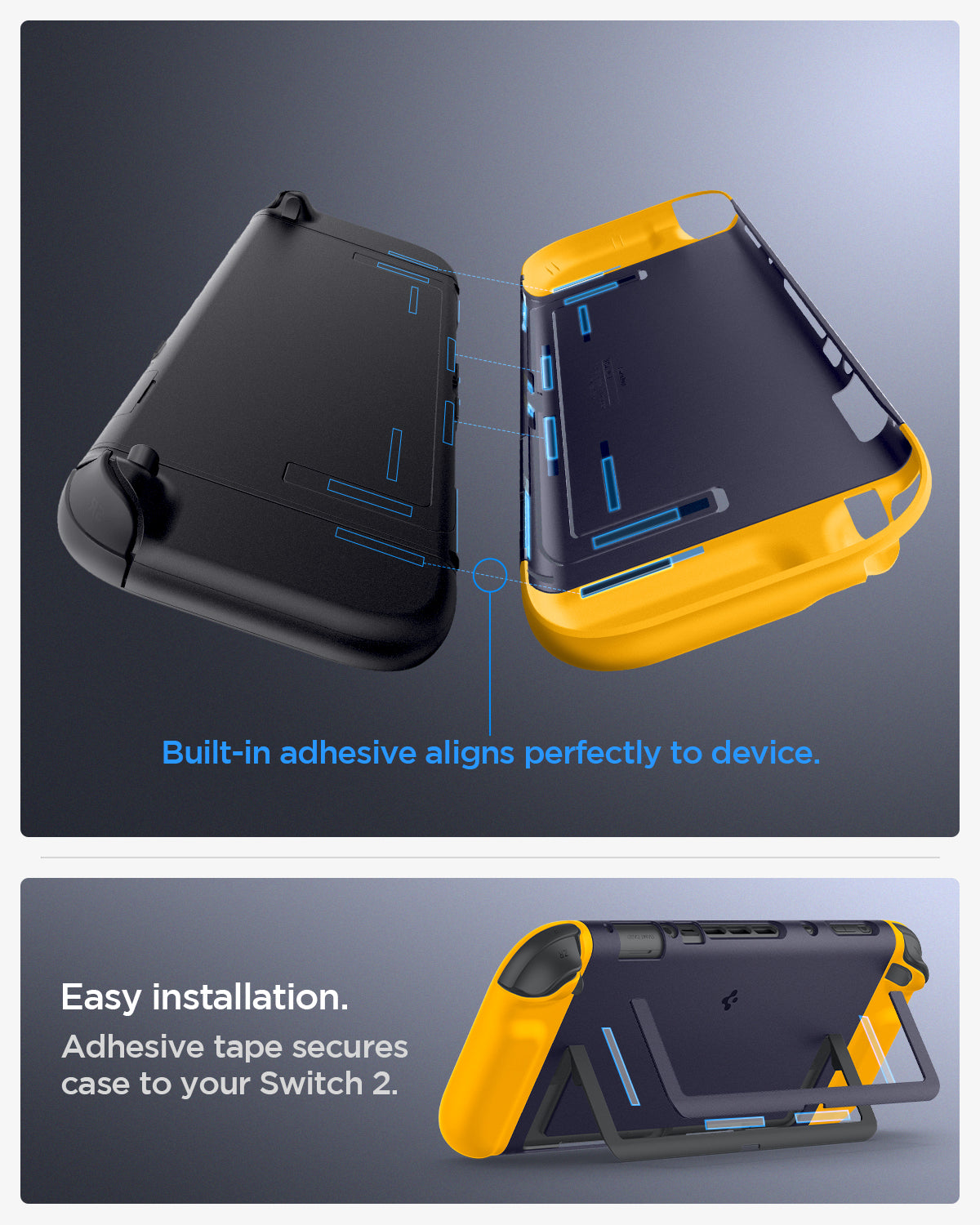 ACS10205 - Nintendo Switch 2 Case Nano Pop in Blueberry Navy built in adhesive aligns perfectly to device. Easy installation. adhesive tape secures case to your switch 2.