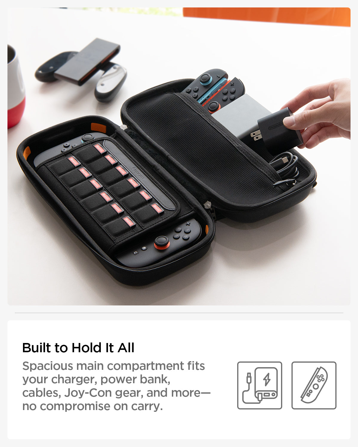 AGP09475 - Nintendo Switch 2 Rugged Armor Pro Pouch in Black showing the built to hold it all. Spacious main compartment fits your charger, power bank, cable, Joy-Con gear, and more no compromise on carry