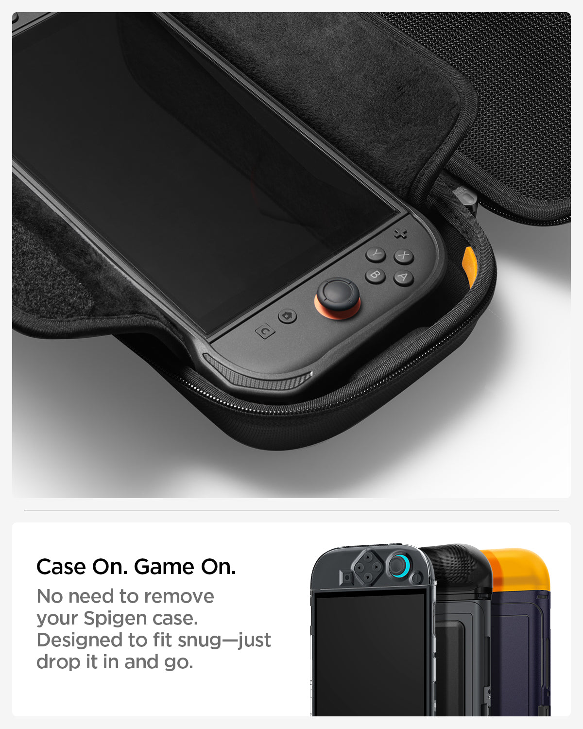 AGP09475 - Nintendo Switch 2 Rugged Armor Pro Pouch in Black showing the case on, game on. No need to remove your Spigen case. Designed to fit snug, just drop it and go