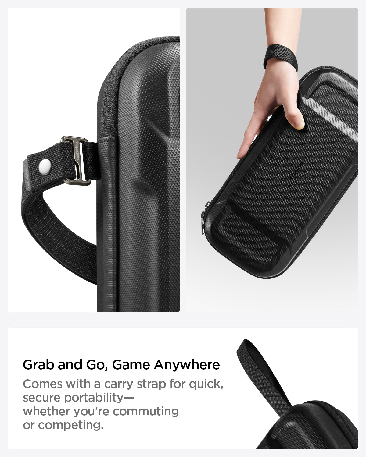 AGP09475 - Nintendo Switch 2 Rugged Armor Pro Pouch in Black showing the Grab and Go, Game Anywhere. Comes with a carry strap for quick, secure portability whether you're commuting or competing