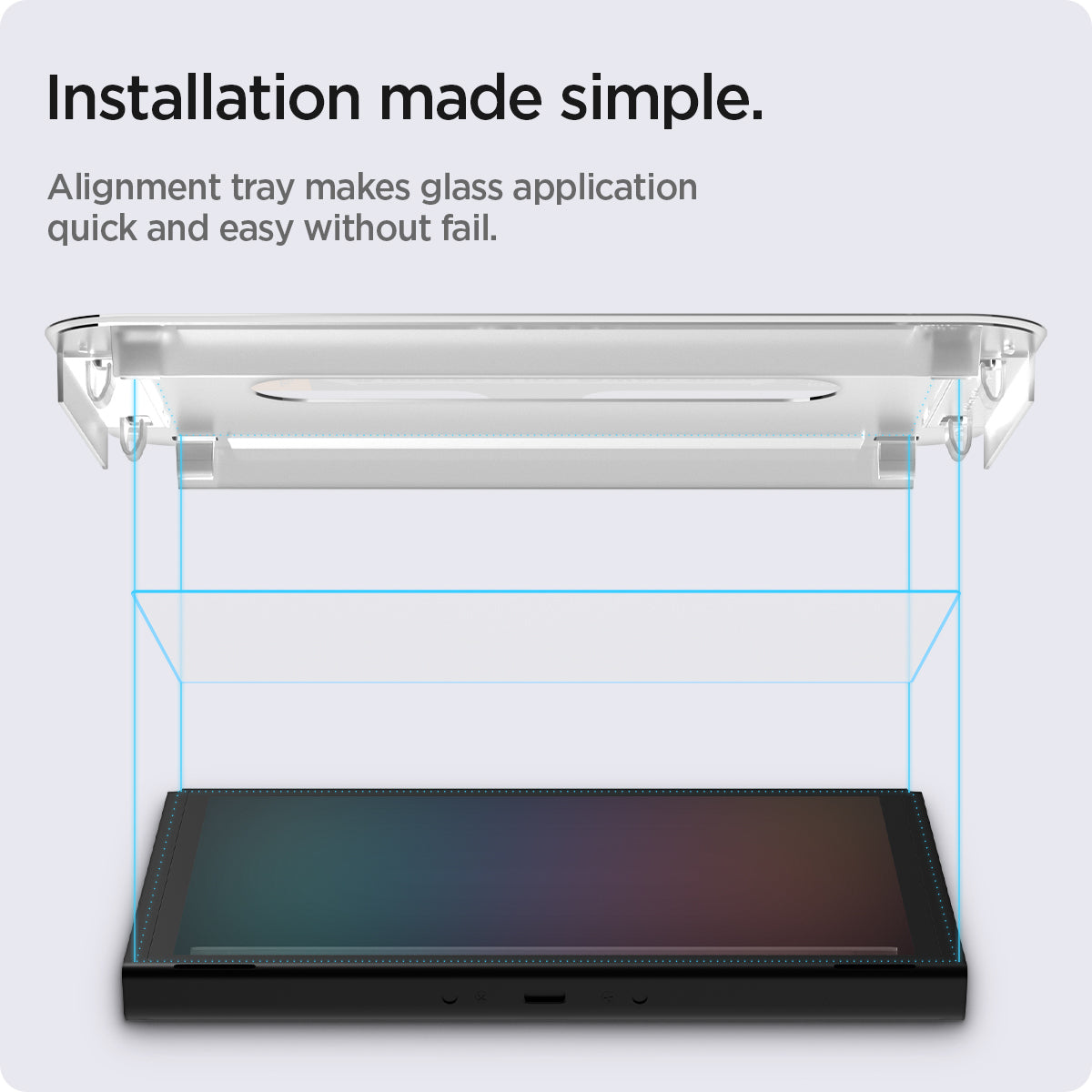 AGL03829 - Nintendo Switch OLED Screen Protector EZ Fit GLAS.tR showing the simple installation. Alignment tray makes glass application quick and easy without fail