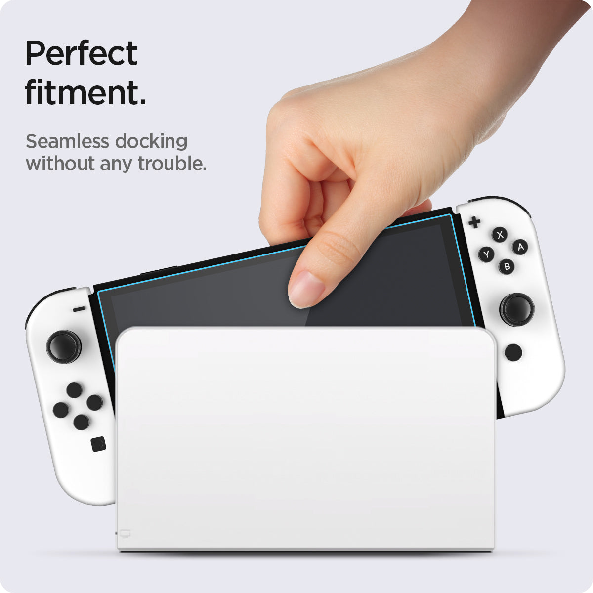 AGL03829 - Nintendo Switch OLED Screen Protector EZ Fit GLAS.tR showing the perfect fitment. Seamless docking without any trouble