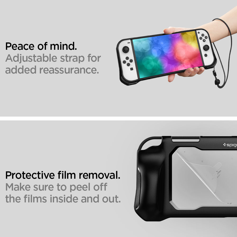 ACS04020 - Nintendo Switch OLED Case Rugged Armor in matte black showing the adjustable strap for added reassurance. It has a protective film. Make sure to peel off the films inside and out
