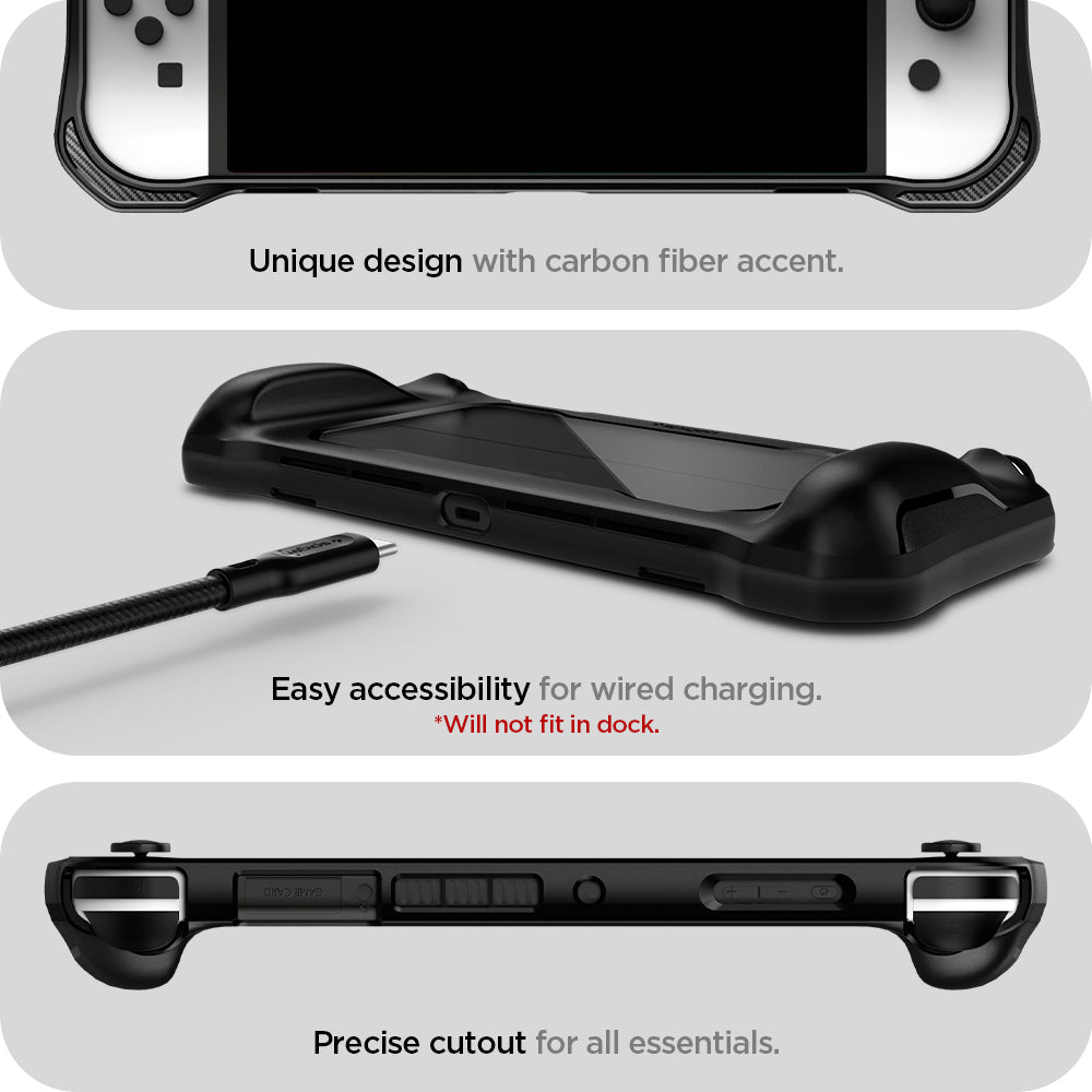ACS04020 - Nintendo Switch OLED Case Rugged Armor in matte black showing the unique design with carbon fiber accent. Easy accessibility for a wired charging (will not fit in dock). Precise cutout for all essentials
