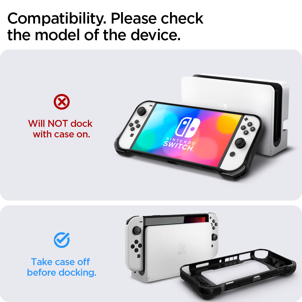 ACS04020 - Nintendo Switch OLED Case Rugged Armor in matte black showing the compatibility. Will not dock with case. Take case off before docking