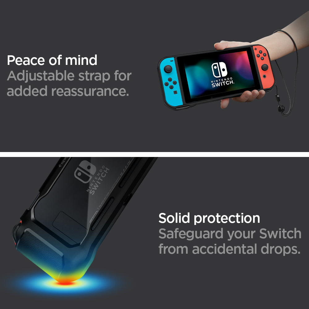 ACS01228 - Nintendo Switch Case Rugged Armor in matte black showing the adjustable strap for added reassurance. Solid protection that safeguard your switch from accidental drops