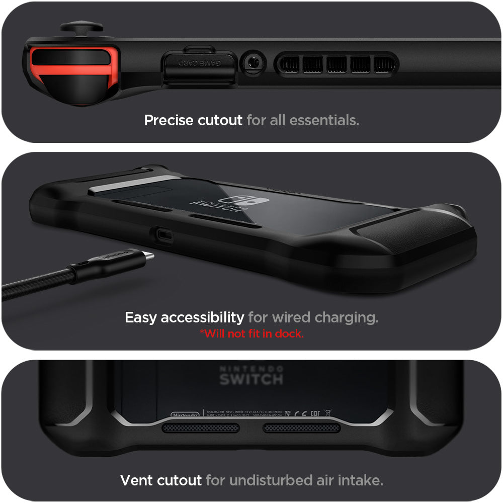 ACS01228 - Nintendo Switch Case Rugged Armor in matte black showing the precise cutout for all essentials, easy accessibility for wired charging, (will not fit in dock) and vent cutout for undisturbed air intake