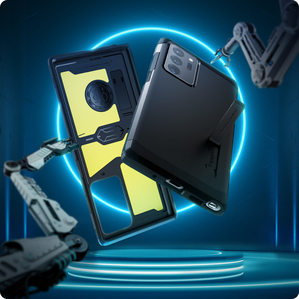 ACS01396 - Galaxy Note 20 Ultra Tough Armor Case in black showing front and back with kick stand.