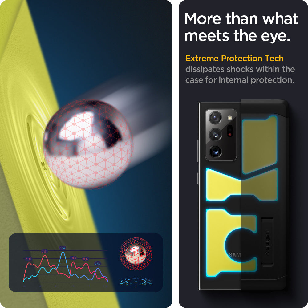 ACS01396 - Galaxy Note 20 Ultra Tough Armor Case in black more than what meets the eye extreme protection tech dissipates shocks within the case for internal protection.
