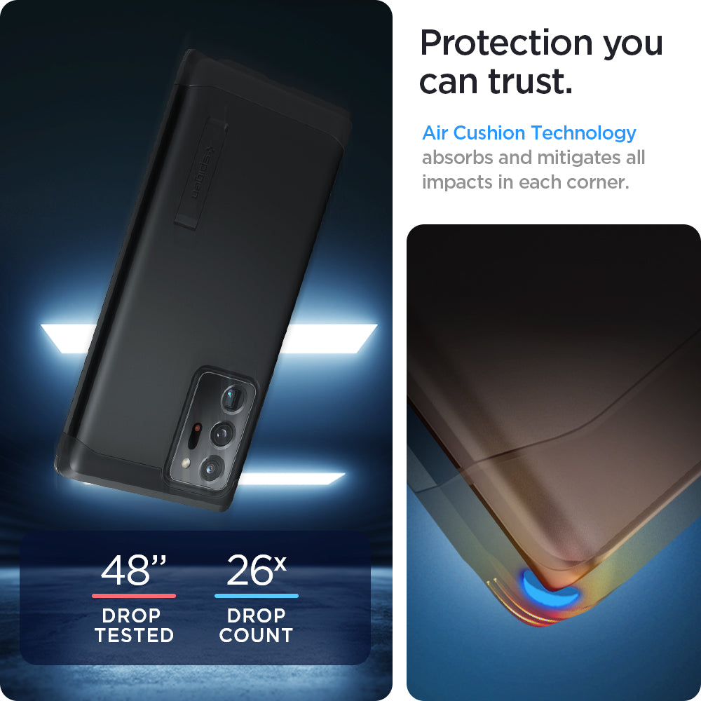 ACS01396 - Galaxy Note 20 Ultra Tough Armor Case in black protection you can trust. Air cushion technology absorbs and mitigates all impacts in each corner.