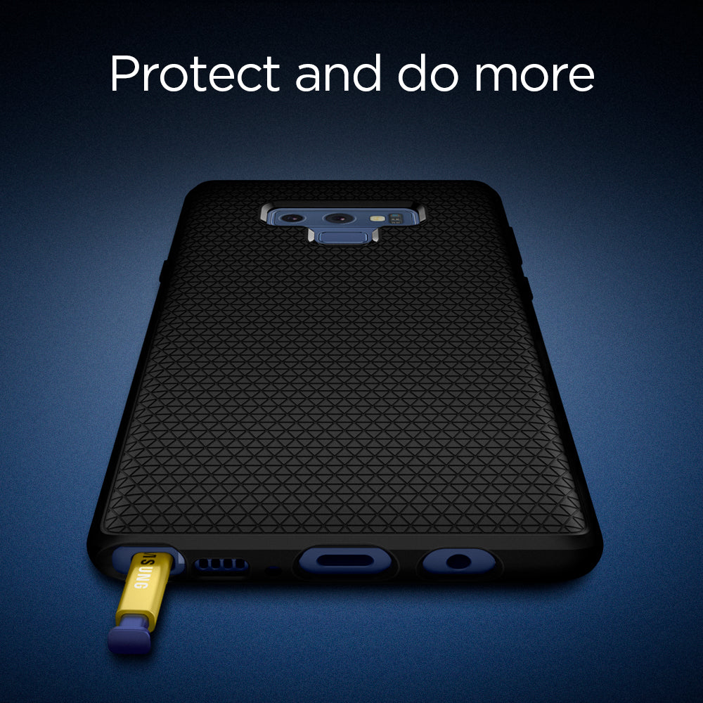 599CS24580 - Galaxy Note 9 Liquid Air Case in black showing the back, partial bottom with s pen cutout