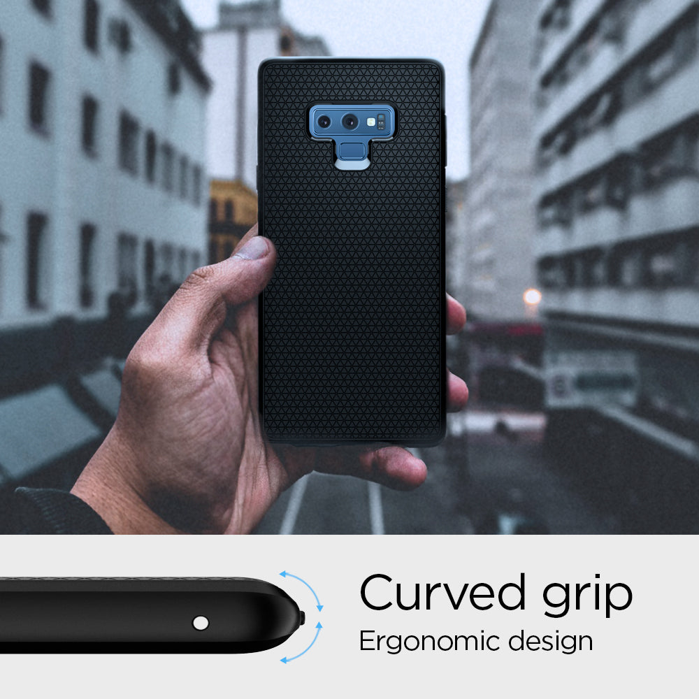 599CS24580 - Galaxy Note 9 Liquid Air Case in black showing the curved grip. Ergonomic design