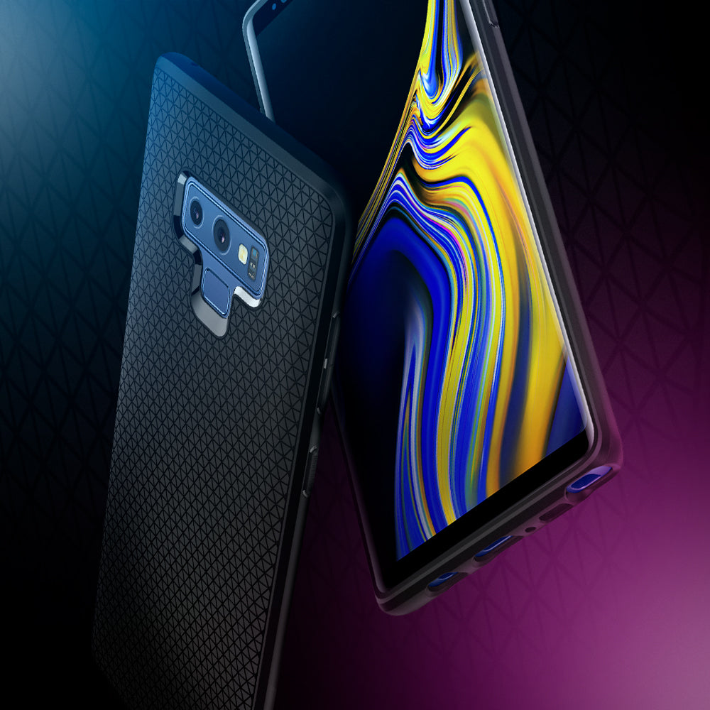 599CS24580 - Galaxy Note 9 Liquid Air Case in black showing the back, front, partial top, side and bottom