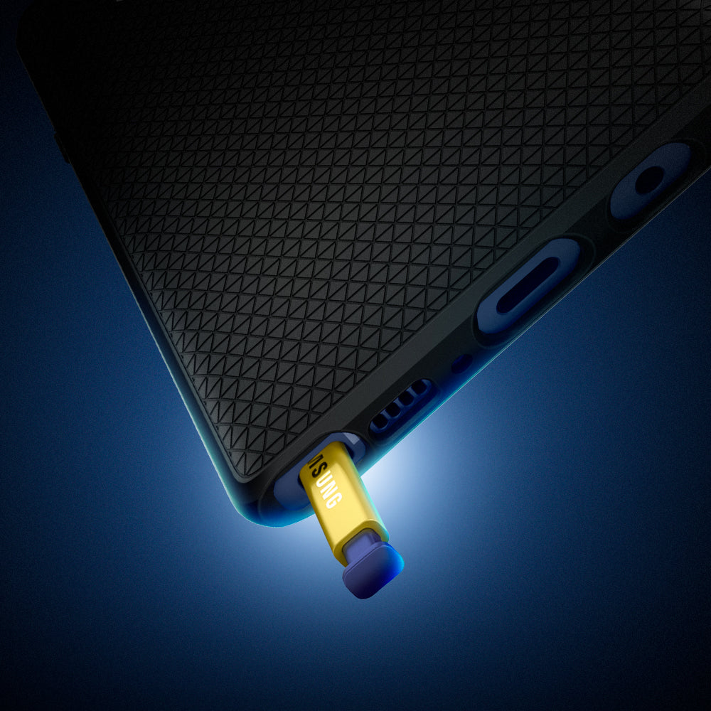 599CS24580 - Galaxy Note 9 Liquid Air Case in black showing the back, partial bottom with s pen cutout