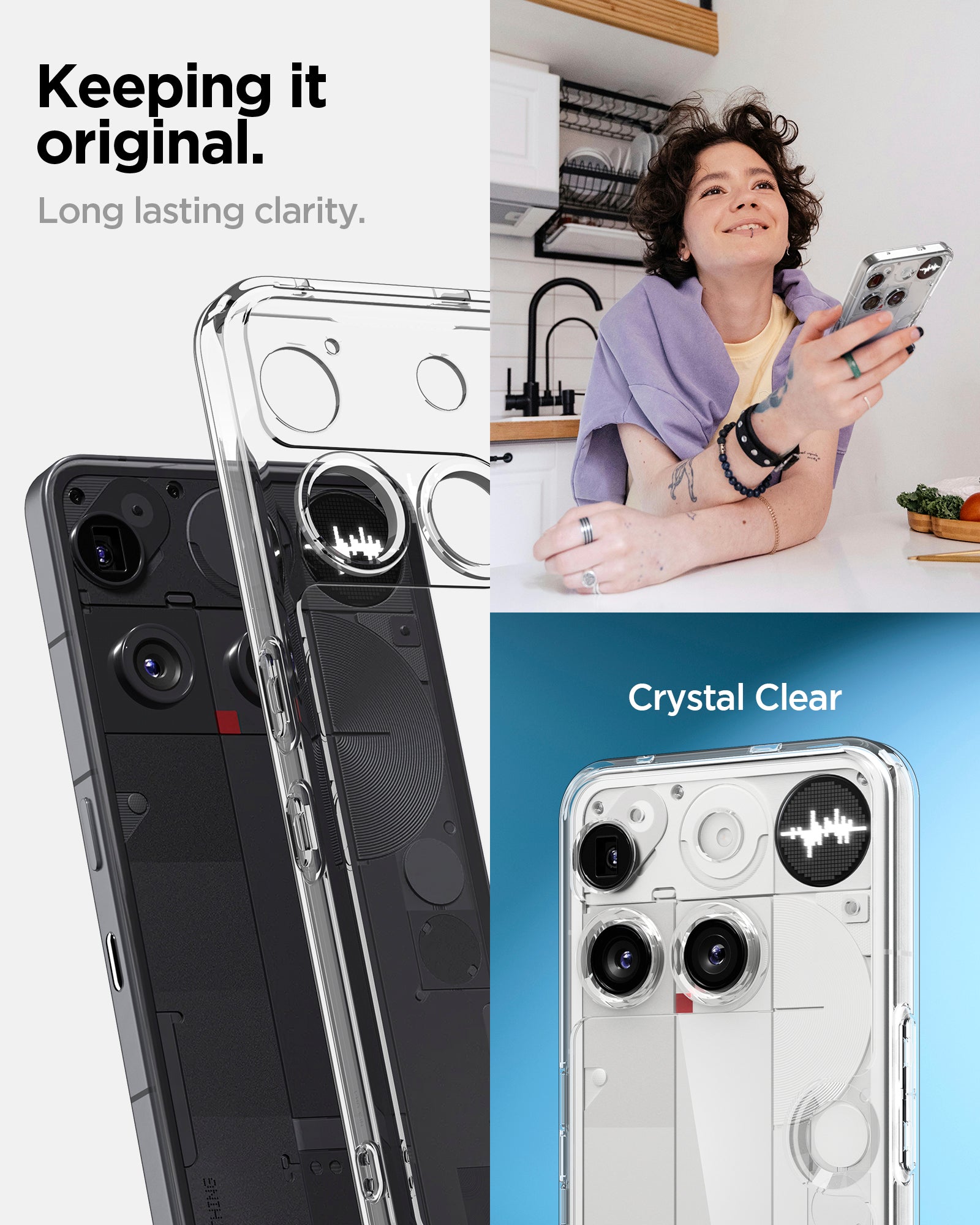 ACS08567 - Nothing Phone (3) Case Ultra Hybrid in Crystal Clear showing the long lasting clarity. Keeping it original. Crystal Clear
