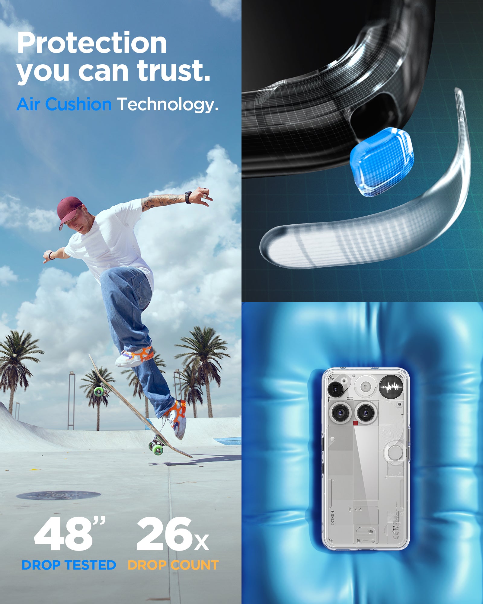 ACS08567 - Nothing Phone (3) Case Ultra Hybrid in Crystal Clear showing the protection you can trust with air cushion technology. 48" drop tested 26x drop count