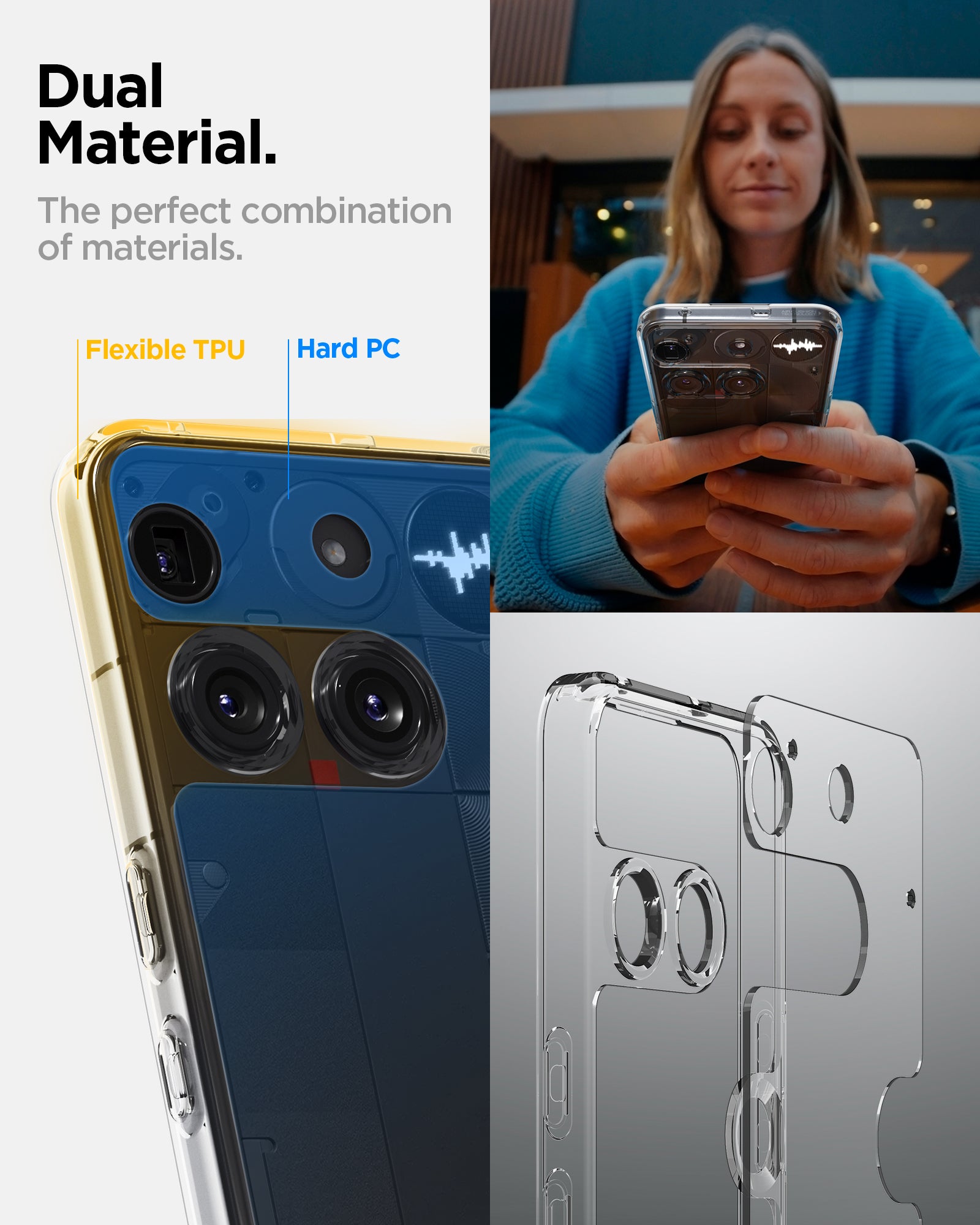 ACS08567 - Nothing Phone (3) Case Ultra Hybrid in Crystal Clear showing the dual material. The perfect combination of materials. Flexible TPU and Hard PC