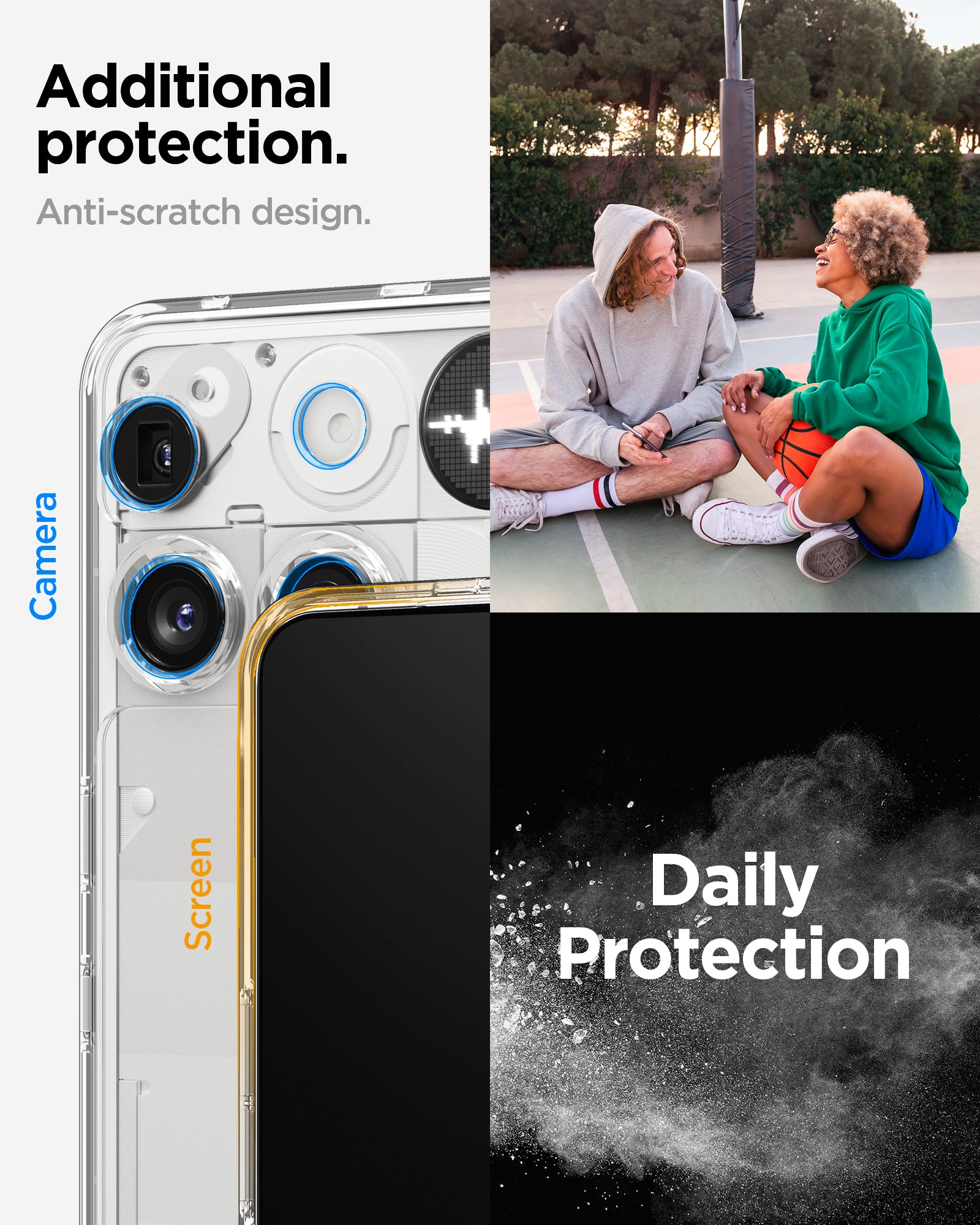 ACS08567 - Nothing Phone (3) Case Ultra Hybrid in Crystal Clear showing the additional protection. Anti-scratch design. Daily protection