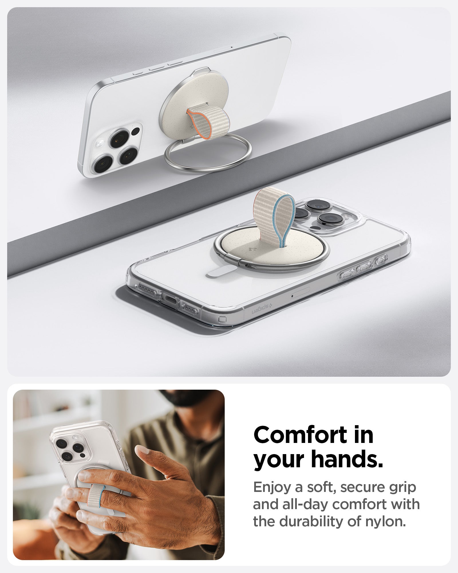 AMP09176 - O-Mag Magnetic Phone Holder (MagFit) OM104 in Dune Beige showing the comfort in you hands. Enjoy a soft, secure grip and all-day comfort with the durability of nylon