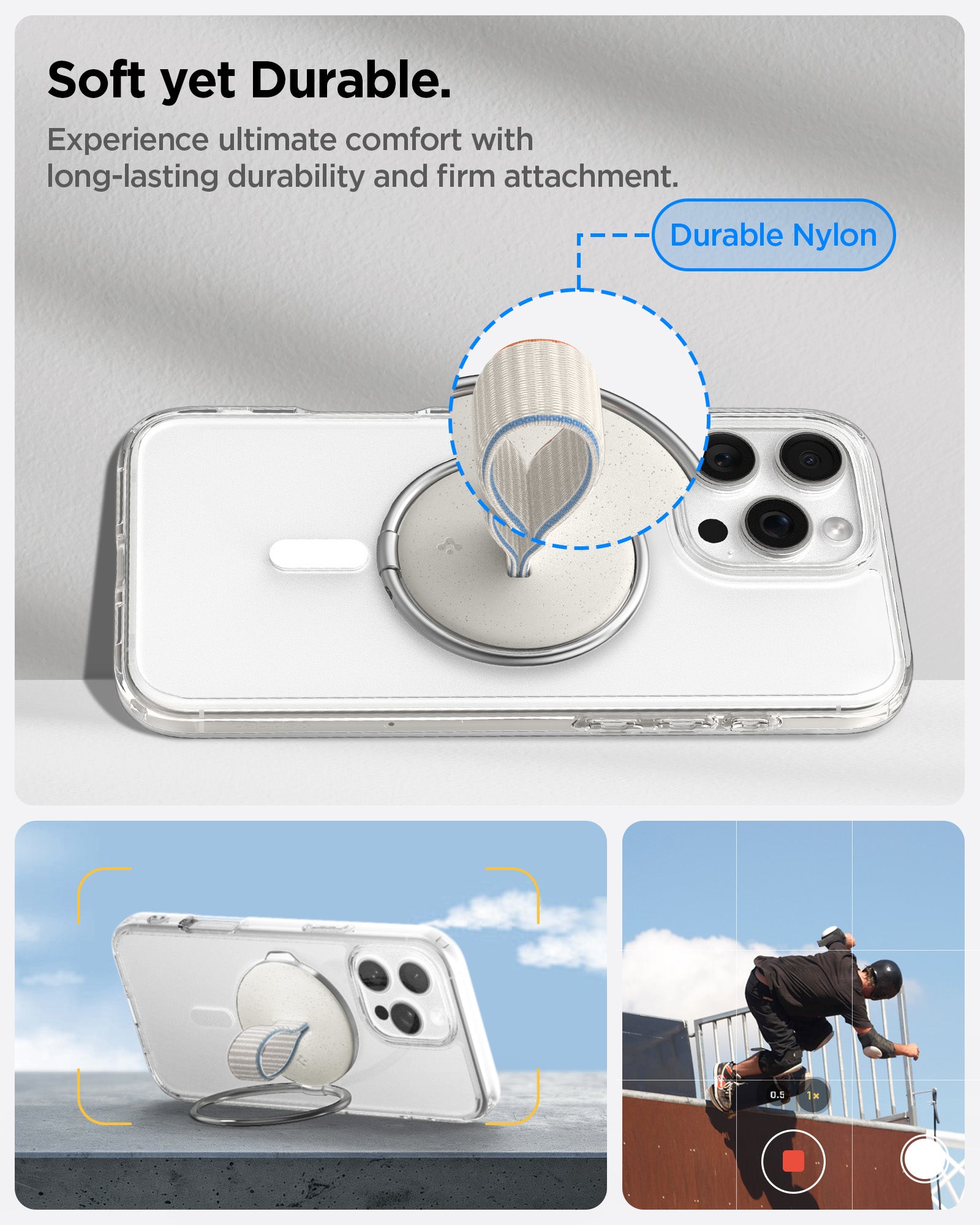 AMP09176 - O-Mag Magnetic Phone Holder (MagFit) OM104 in Dune Beige showing the soft yet durable. Experience ultimate comfort with long-lasting durability and firm attachment. Made with durable nylon