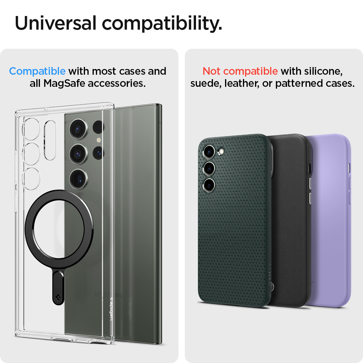 ACP06106 - Magnet Ring Plate (MagFit) in black showing the universal compatibility. Compatible with most cases and all magsafe accessories and Not compatible with silicone, suede, leather, or patterned cases