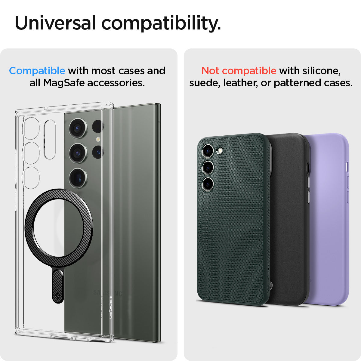 ACP06107 - Magnet Ring Plate (MagFit) in carbon showing the universal compatibility. Compatible with most cases and all magsafe accessories and Not compatible with silicone, suede, leather, or patterned cases