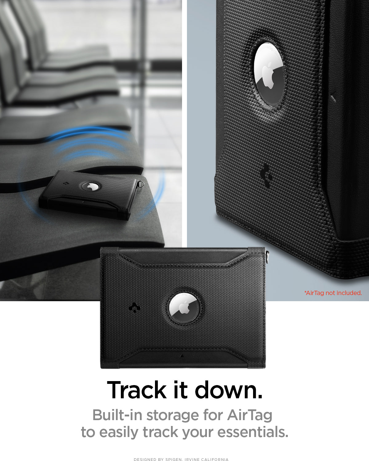 AFA08852 - Passport Holder AirTag in Black showing the built-in storage for AirTag to easily track your essentails