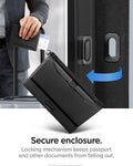 AFA08852 - Passport Holder AirTag in Black showing the secure enclosure. Locking mechanism keeps passport and other documents from falling out