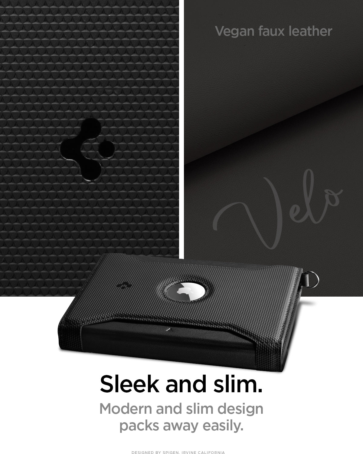 AFA08852 - Passport Holder AirTag in Black showing the sleek and slim. Modern and slim design packs away easily made with vegan faux leather