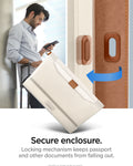 AFA08348 - Passport Holder in dune beige showing the secure enclosure, locking mechanism keeps passport and other documents from falling out