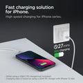 ACA04467 - ArcWire™ USB-C to Lightning Cable PB2200 in White showing the Fast charging solution for iPhone. High speed charging for iPhone series. While using a USB-C PD charger (no included), Charging data is based on using a 20W PD charger with iPhone 13 mini. A device charging in 27mins(50% charging))